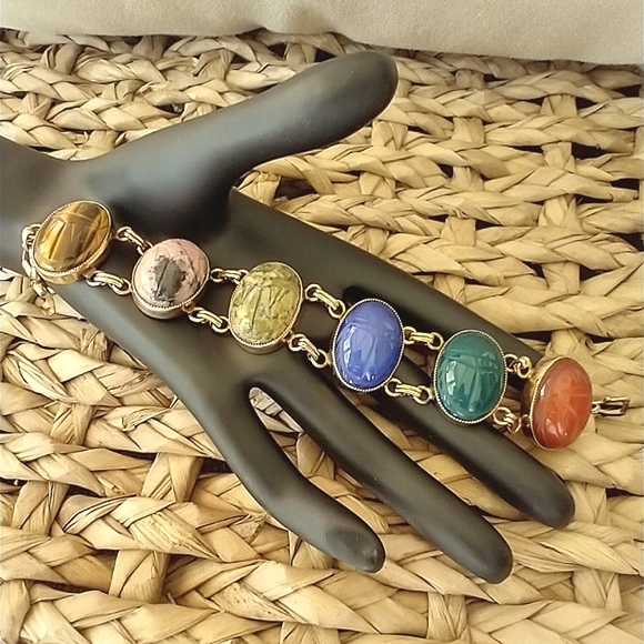 Source Unknown Jewelry - VINTAGE Carved Egyptian BEETLE Double Link GOLD Inlay Multi Gem Bracelet